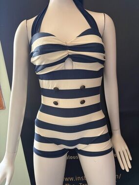 Unique Vintage Navy and Cream Striped One-Piece Halter Swimsuit